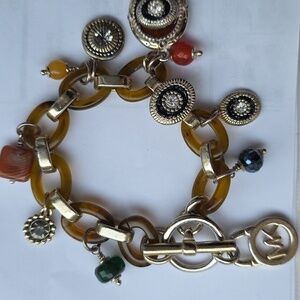 Michael Kors Womens Tortoiseshell & Gold Tone MK Logo Toggle 8" Bracelet